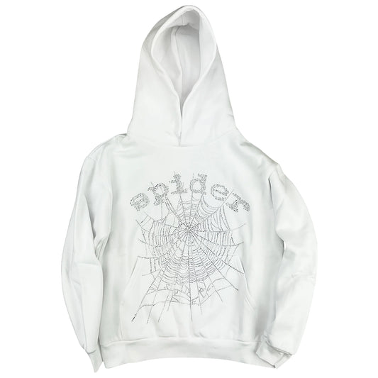 Sp5der Rhinestone White Hoodie - LuxuryLineBG